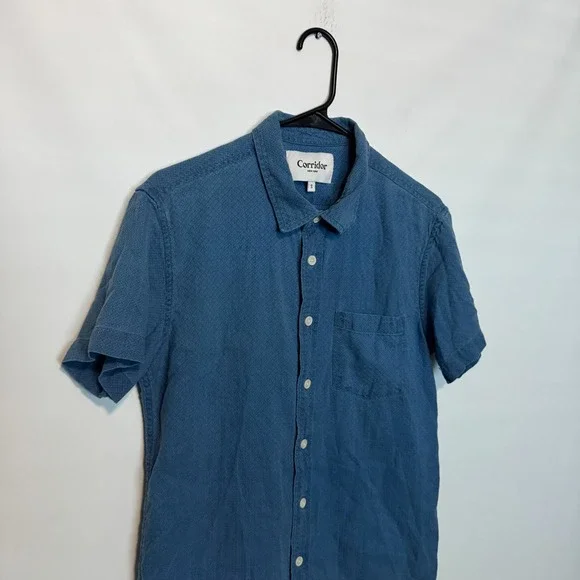 Corridor NYC Shirt Mens Small Blue Short Sleeve Geometric Woven Knit Huckberry - Picture 2 of 8